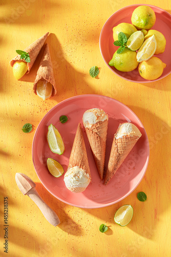 Obraz na płótnie Sour and cold lemon ice cream made of citrus fruits. w salonie