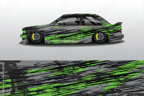 Sleek modified car with vibrant green stripes on display