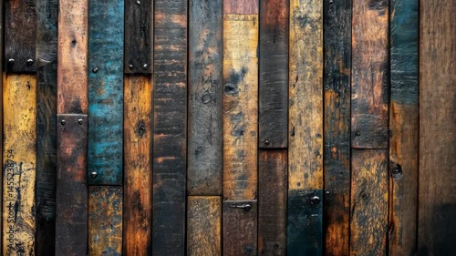 A rustic wall of reclaimed wood planks in varying colors and textures, showing signs of age and wear