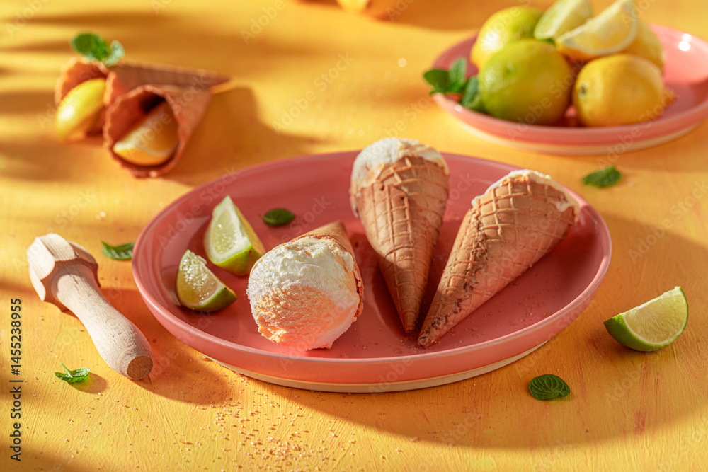 Sour and cold lemon ice cream as a sour dessert.