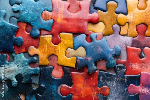 Colorful interlocking puzzle pieces in a close-up vibrant abstract composition