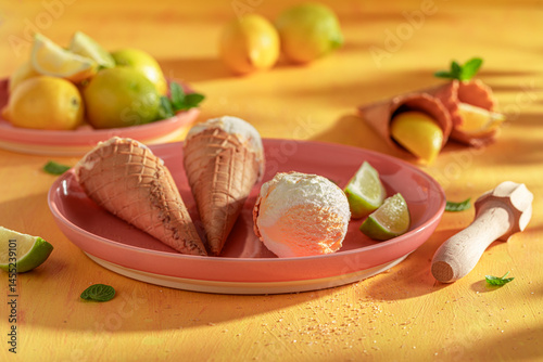 Tasty and fresh lemon ice cream made of citrus fruits.