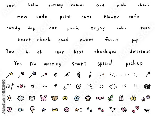 飾りと手書き文字のベクターイラストセット。素材、手描き、動物、落書き、かわいい