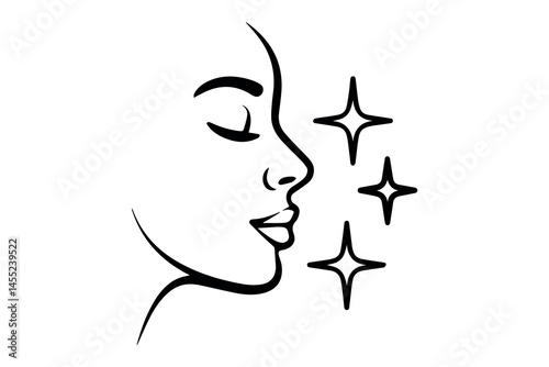 Elegant woman face profile line art with sparkling stars simple minimalist beauty design illustration icon logo calm glow