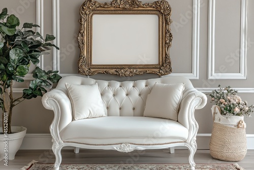Elegant, cream-colored loveseat in a classic room setting.