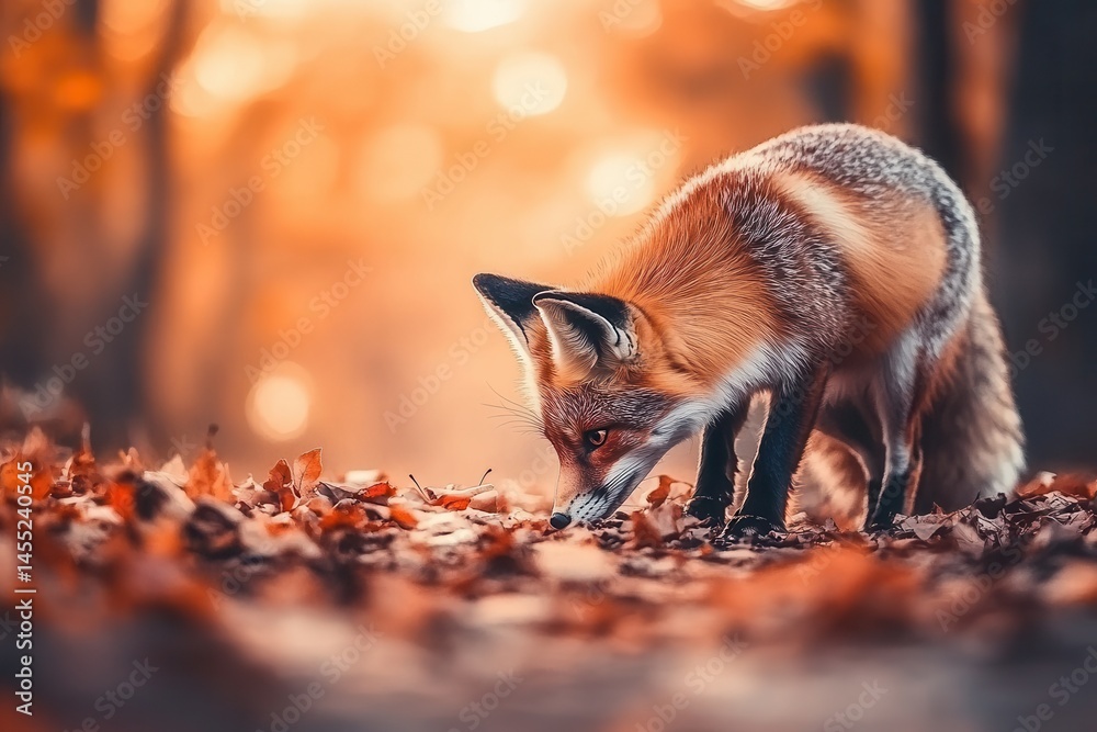 Fototapeta premium A curious red fox exploring a forest floor covered in autumn leaves during golden hour