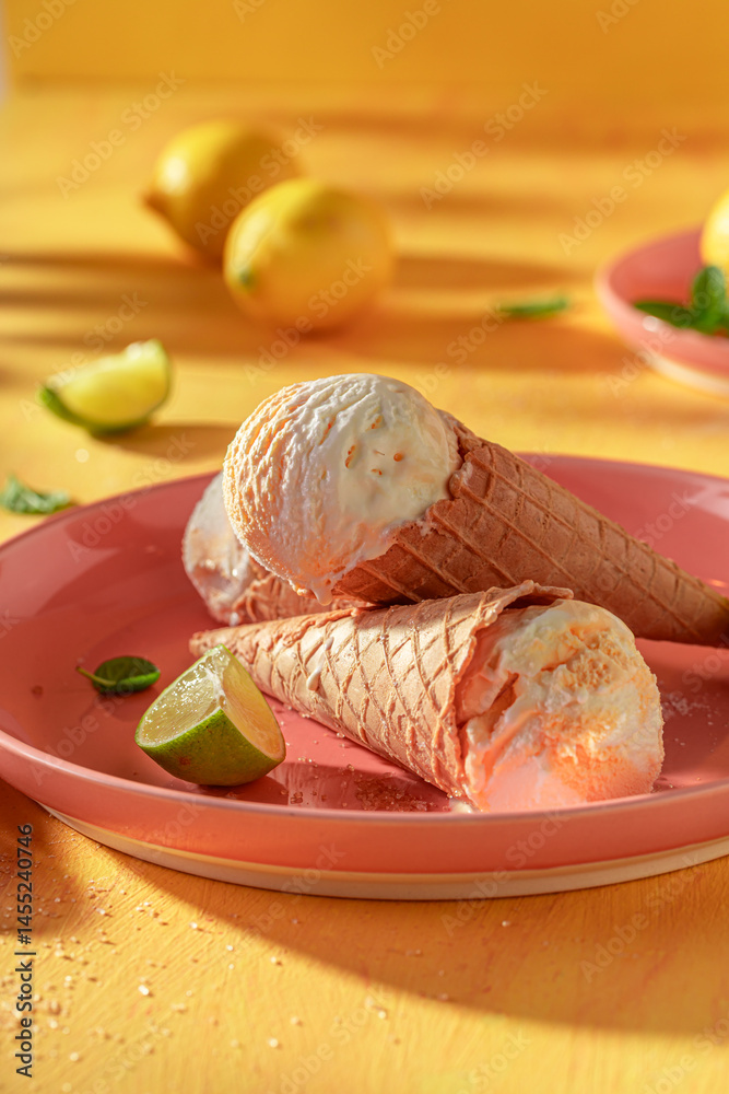 Sour and sweet lemon ice cream made of citrus fruits.