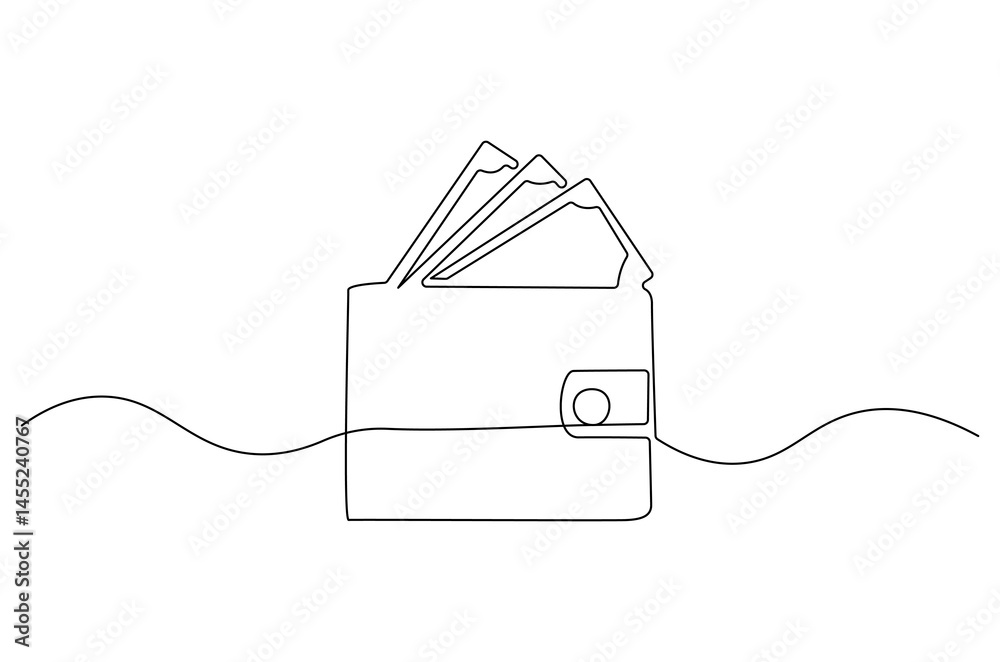 Obraz premium Continuous one line drawing of Wallet with paper money. Single line drawing illustration of Money in wallet. Finance concept vector art. Doodle line illustration.