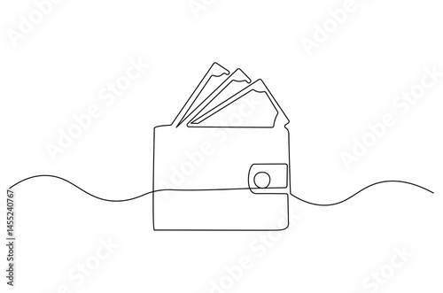 Continuous one line drawing of Wallet with paper money. Single line drawing illustration of Money in wallet. Finance concept vector art. Doodle line illustration.