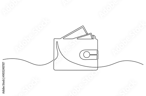 Continuous one line drawing of Wallet with paper money. Single line drawing illustration of Money in wallet. Finance concept vector art. Doodle line illustration.