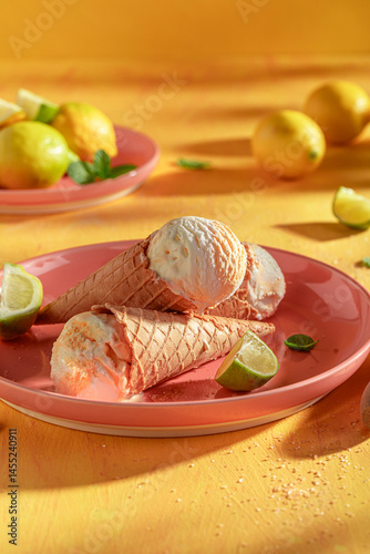 Homemade and juicy lemon ice cream as a sour dessert.