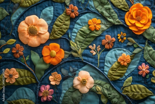 Colorful floral textile pattern with embroidered flowers and leaves
