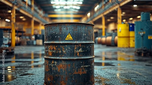 Rusty barrel in industrial warehouse with machinery