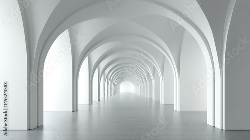 Empty, white arched hallway extending into a light source.
