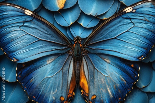 Close-up of vibrant blue butterfly with detailed wings on a dark decorative background