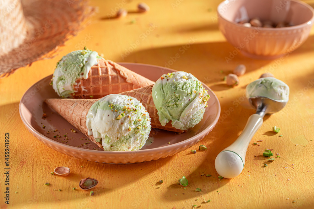 Homemade and delicious pistachio ice cream as a creamy dessert.
