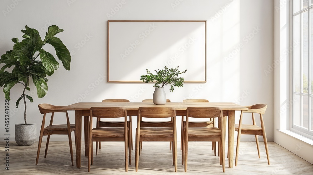 Fototapeta premium Modern dining area with wooden table and chairs.
