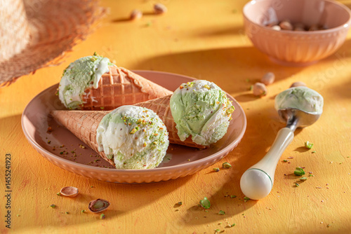 Obraz na płótnie Homemade and delicious pistachio ice cream as a creamy dessert. w salonie