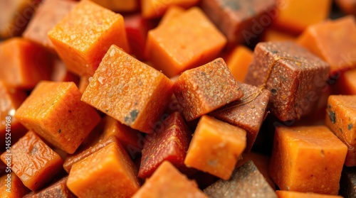 Close-up view of colorful, cubed snacks