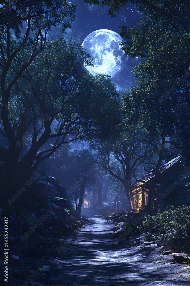 Naklejka premium The Moonlit Pathway to Freedom: A Serene Nighttime Escape Through Whispering Forests