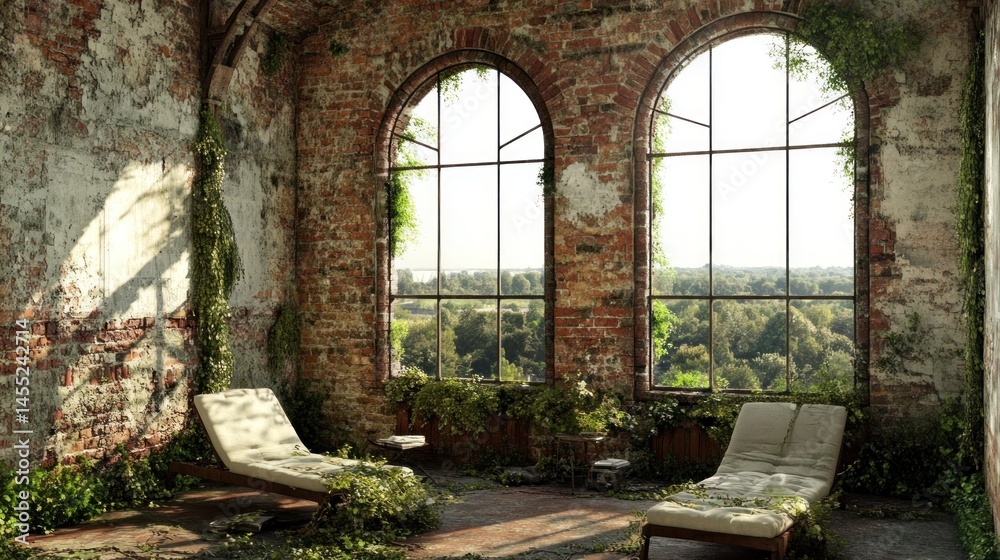 Obraz premium Decayed interior room with overgrown greenery and panoramic views.