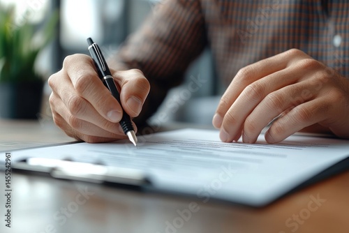 Person signing a document on a clipboard with a pen on a wooden surface.