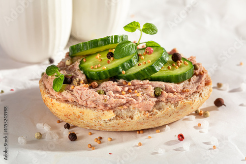 Delicious and fresh sandwich made of pate and herbs.
