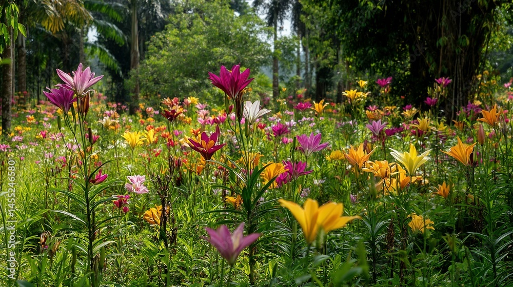 Vibrant garden bursting with colorful lilies. Vibrant garden bursting with colorful lilies.