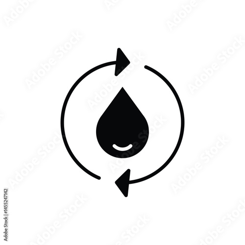 Purified water icon. Simple solid style. Water drop, renewable, recycle, reuse, circle, consumption, oil, arrow, environment concept. Black silhouette, glyph symbol. Vector illustration isolated.