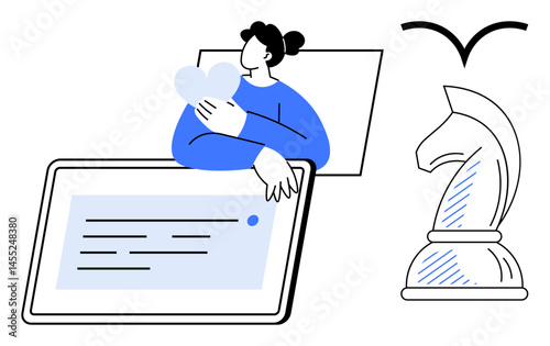 Person embracing heart shape beside tablet displaying content, chess knight, and bird silhouette. Ideal for strategy, love, online communication, technology, creativity balance leadership. Flat