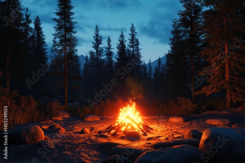 A serene campfire illuminates a forest clearing at dusk, surrounded by tall trees and rocks