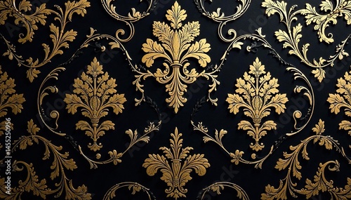 Intricate floral damask pattern in elegant gold on black , stylish, leaves, dark
