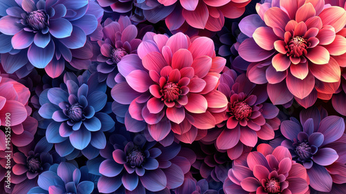 Vibrant 3D floral background shows realistic dahlias in bloom with a kenmima pattern, creating a stunning 4K, highly detailed design for modern applications.