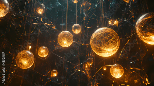 Ethereal spheres of light suspended within a mass of tangled threads, luminous, sphere. [Hollow Monoliths] | Gravity Keeps | suspended mass. Illustration