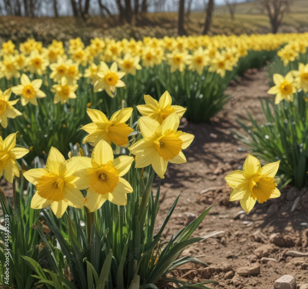 Obraz premium Close-up of cheerful daffodils, sunny day, vibrant colors, countryside setting, country, plant, closeup