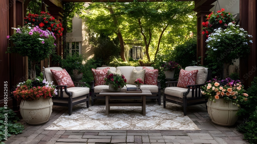 Fototapeta premium Elegant Garden Retreat Featuring a Comfortable Wicker Lounge Chair, Throw Pillows, Surrounding Topiary and Serene Pond