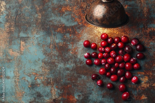 Top view of old rusty surface with metallic texture and scattered red berries