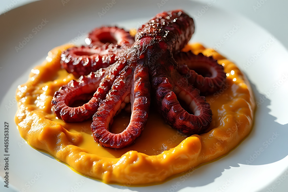 Fototapeta premium Sizzling grilled octopus dish gourmet restaurant food photography elegant setting close-up view