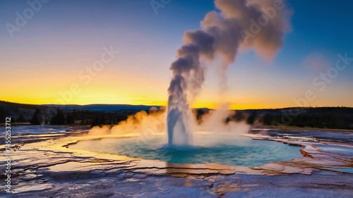 Yellowstone geyser erupting at sunrise, vibrant landscape