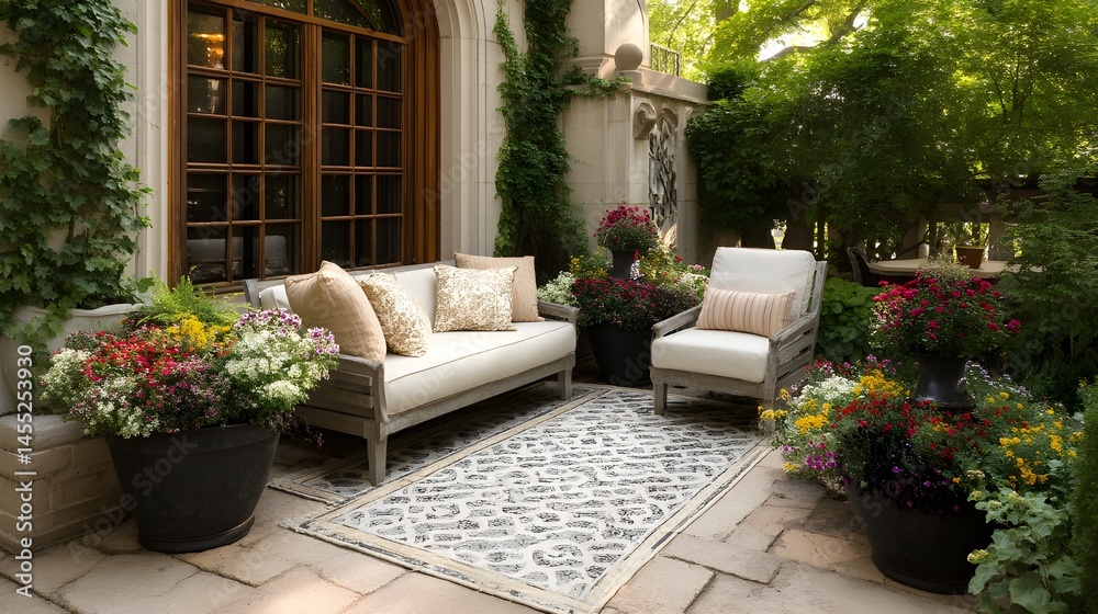 Fototapeta premium Discover an Elegant Garden Retreat Featuring a Comfortable Outdoor Sofa Framed by Ornamental Shrubs and Delicate Flowering Vines Dappled with Morning Dew for Peaceful Alfresco Lounging