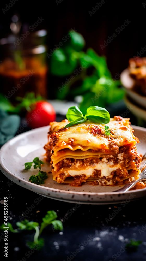 A close up shot of a lasagna portion with basil garnish on a plate against a dark background scene A close up shot of a lasagna portion with basil garnish on a plate against a dark background scene