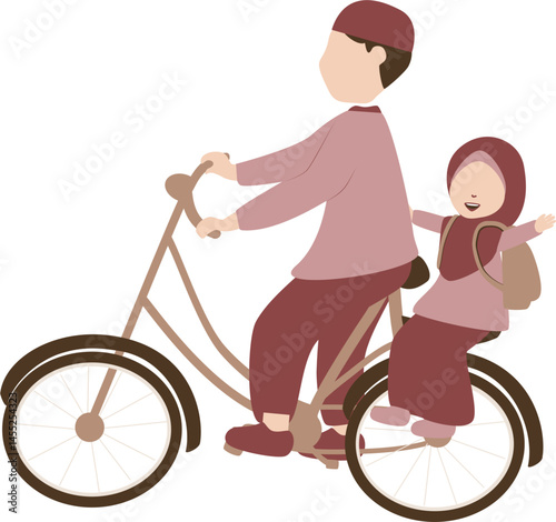 Father and Daughter Cycling Together, Happy Family Illustration
