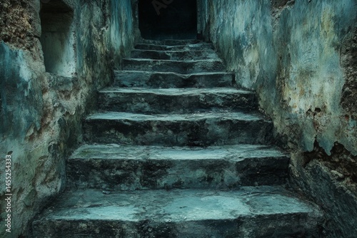 Staircase in dark moody hallway with peeling blue paint and mysterious vibe