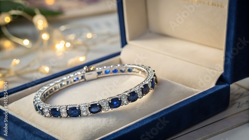 Close up of a sapphire and diamond bracelet in a blue velvet box