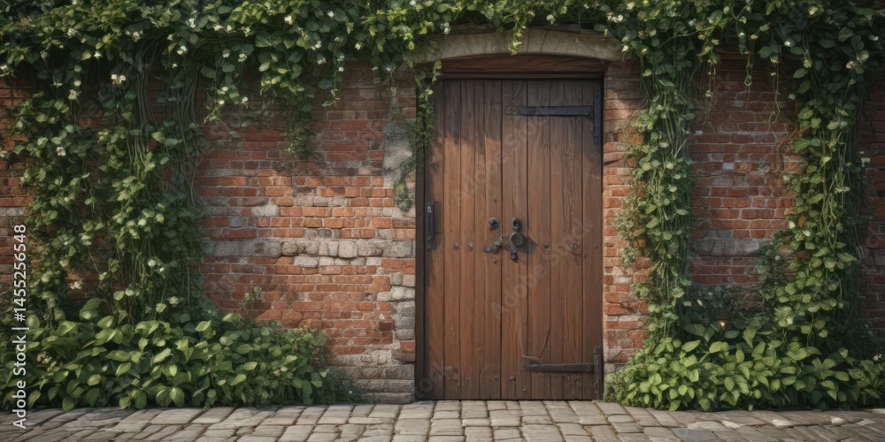 Fototapeta premium Rustic brick wall, overgrown wooden door, climbing ivy , facade, design, architecture