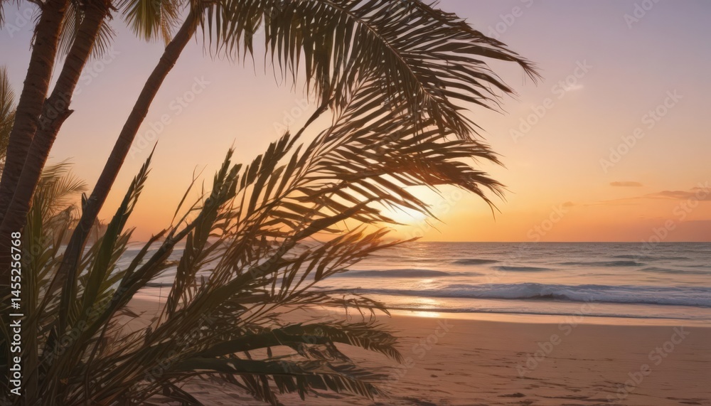 Fototapeta premium Vibrant sunset casts warm glow on sandy beach; palm fronds sway in soft breeze; film-like texture , relaxation, waves, texture