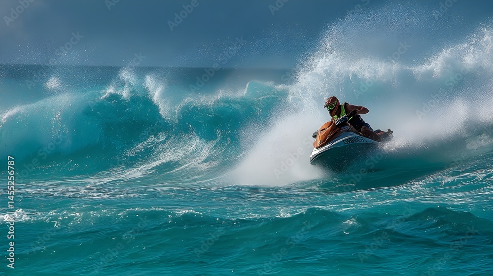 Obraz premium Feel The Adrenaline Rush With Jet Skier In Fluorescent Vest Poster Capturing High-Speed Ocean Thrills