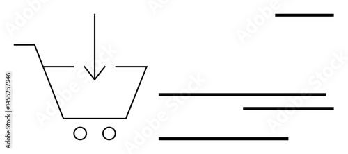 Shopping cart with downward arrow symbolizing digital shopping, purchasing, or store processes. Ideal for e-commerce, retail, marketing, delivery, sales web design consumer interaction. Flat simple