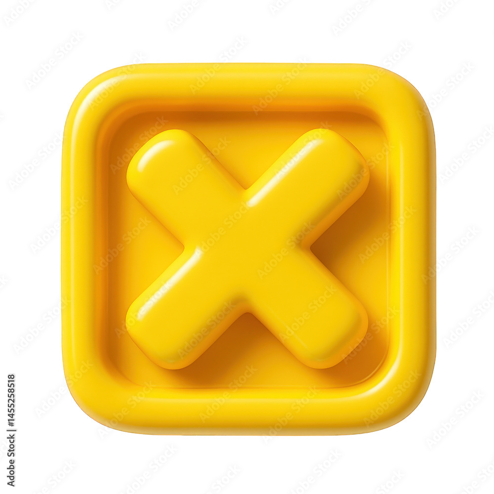 Obraz premium Bright yellow 3D cross icon with rounded edges, presented within a soft square frame.