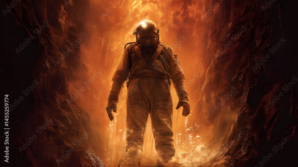 Obraz premium Movie poster deep earth miner rising from soot cove with glowing pickaxe signaling hope resilience